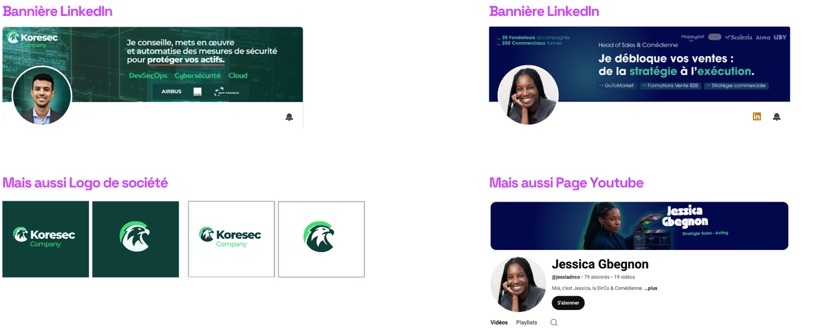 Exemples de déclinaisons de votre identité : bannières LinkedIn, logo de société, habillage de page YouTube